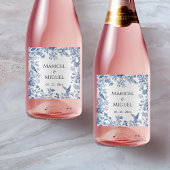 Blauwe Toile Vintage bruiloft Wijn Etiket