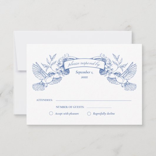 Blauwe Toile Vogels Bruiloft RSVP Kaartje (Voorkant)