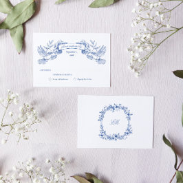 Blauwe Toile Vogels Bruiloft RSVP Kaartje