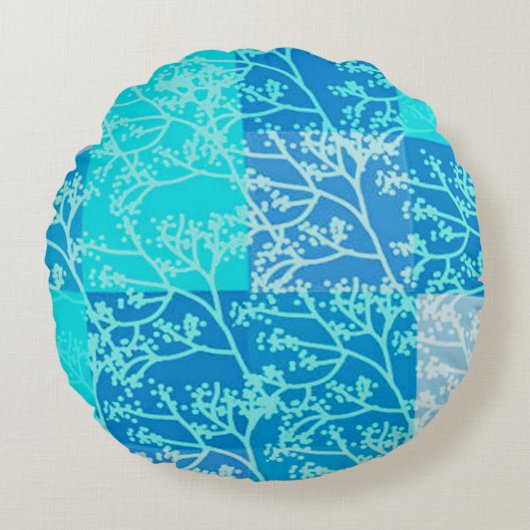 Blauwe Tonen Bladplaids Rond Kussen (Voorkant)