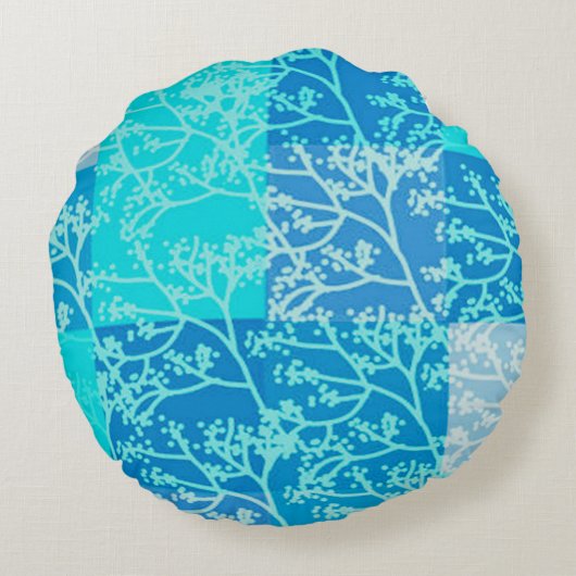 Blauwe Tonen Bladplaids Rond Kussen (Achterkant)