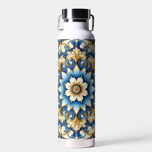 Blauwe Toon Bloemen Design Waterfles (Voorkant)