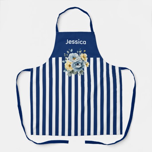 Blauwe Top met witte strepen Bloemen Schort (Voorkant)