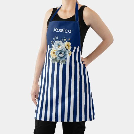 Blauwe Top met witte strepen Bloemen Schort (Insitu)
