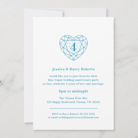 Blauwe topaas hart jubileum 4 jaar foto uitnodigin kaart (Achterkant)