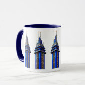 Blauwe Toren van Morgen: Sci-Fi Art Deco Sticker Mok (Voorkant links)