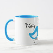 Blauwe Tortelduifjes Hart met Cross en Names Weddi Mok (Links)