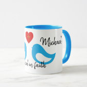 Blauwe Tortelduifjes Hart met Cross en Names Weddi Mok (Voorkant rechts)