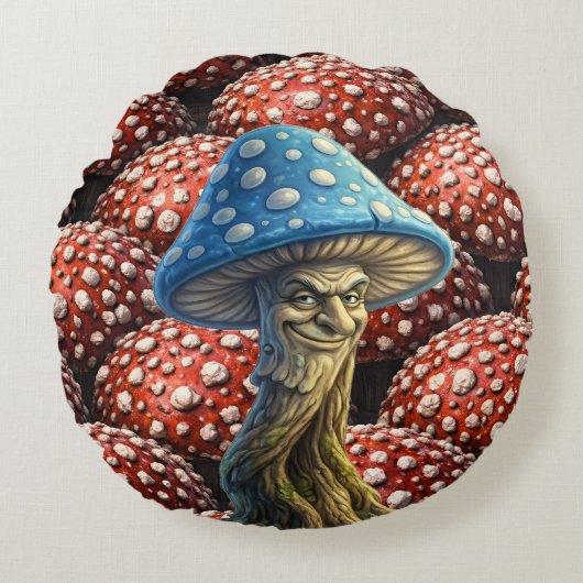 Blauwe tovenaar, paddenstoel grillig bos fantasie rond kussen (Voorkant)