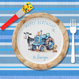 Blauwe Tractor Boerderij Verjaardag Papieren Borde Bordje