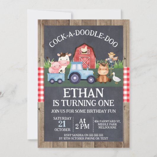 Blauwe Tractor Krijtbord Hout Boerderij Verjaardag Kaart (Voorkant)