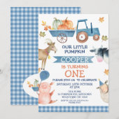 Blauwe Tractor pompoen en boerderijdieren 1e verja Kaart (Voorkant / Achterkant)