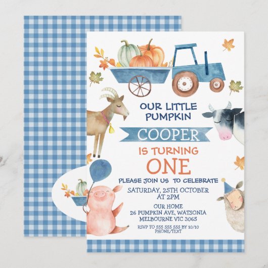 Blauwe Tractor pompoen en boerderijdieren 1e verja Kaart (Voorkant / Achterkant)