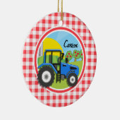 Blauwe tractor; rode en witte gingham keramisch ornament (Rechts)