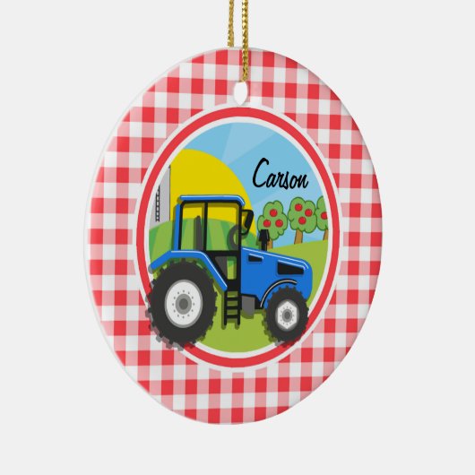 Blauwe tractor; rode en witte gingham keramisch ornament (Rechts)
