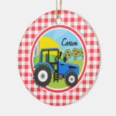 Blauwe tractor; rode en witte gingham keramisch ornament (Links)