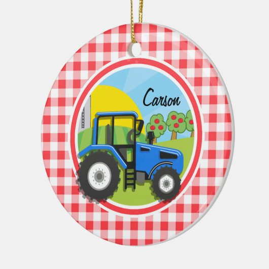 Blauwe tractor; rode en witte gingham keramisch ornament (Links)