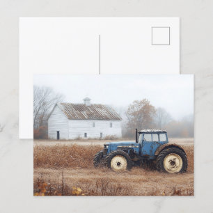 Blauwe tractor schuur en veld briefkaart