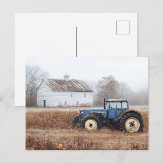 Blauwe tractor schuur en veld briefkaart (Voorkant / Achterkant)