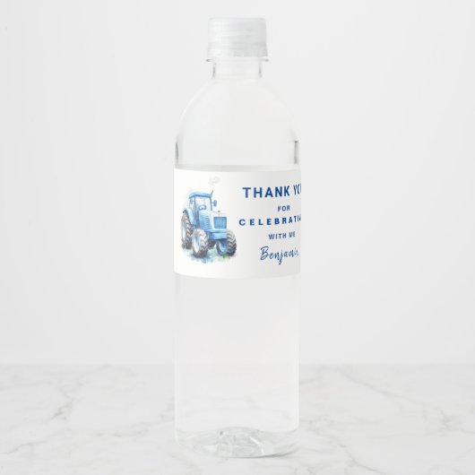 Blauwe Tractor Verjaardag Waterfles Etiket Wrapper (Voorkant)
