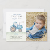 Blauwe tractor verjaardagsfeestje foto kaart (Voorkant)