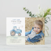 Blauwe tractor verjaardagsfeestje foto kaart (Staand voorkant)