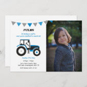 Blauwe Tractor Verjaardagsfeestje Uitnodigen met F Kaart (Voorkant / Achterkant)