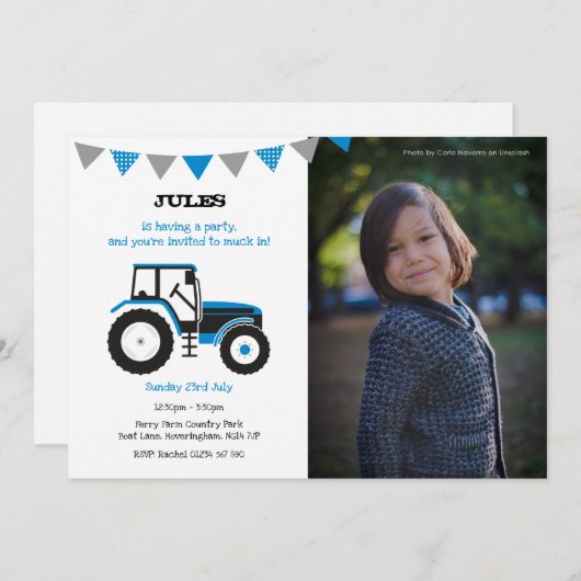 Blauwe Tractor Verjaardagsfeestje Uitnodigen met F Kaart (Voorkant / Achterkant)