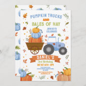 Blauwe Tractoren Pompoen Verjaardag Oogstfeest Kaart (Voorkant / Achterkant)