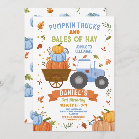 Blauwe Tractoren Pompoen Verjaardag Oogstfeest Kaart (Voorkant / Achterkant)