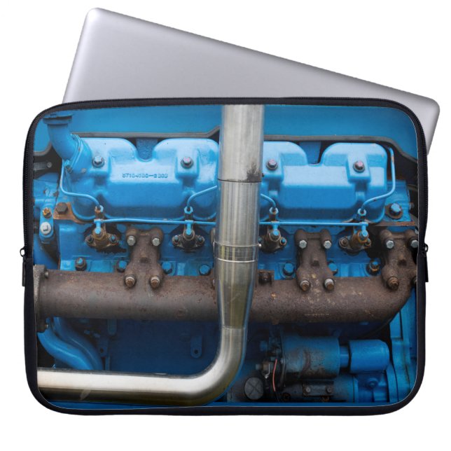 Blauwe tractormotor laptop sleeve (Voorkant)