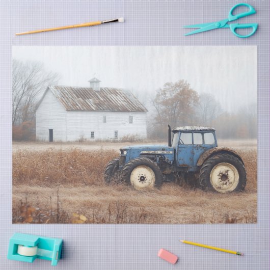 Blauwe tractorschuur en veldontkoppeling tissuepapier (Craft)