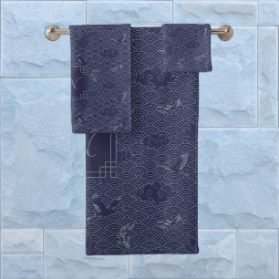 Blauwe Traditionele Japanse Golf Seigaiha Monogram Bad Handdoek