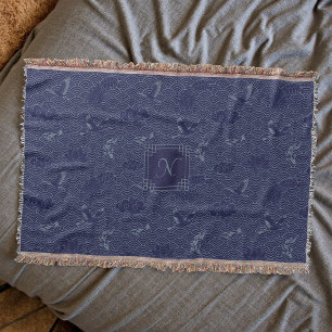 Blauwe Traditionele Japanse Golf Seigaiha Monogram Deken