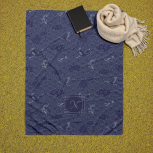 Blauwe Traditionele Japanse Golf Seigaiha Monogram Fleece Deken