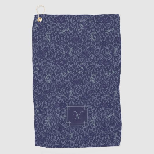 Blauwe Traditionele Japanse Golf Seigaiha Monogram Golfhanddoek (Voorkant)