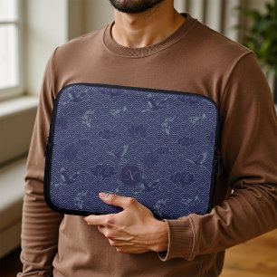 Blauwe Traditionele Japanse Golf Seigaiha Monogram Laptop Sleeve