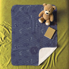 Blauwe Traditionele Japanse Golf Seigaiha Monogram Sherpa Deken