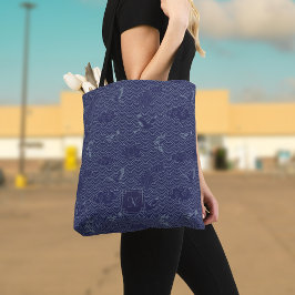 Blauwe Traditionele Japanse Golf Seigaiha Monogram Tote Bag