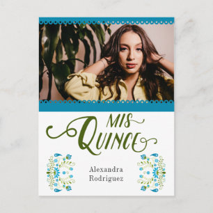Blauwe Traditionele Mexicaanse Bloem Quinceanera F Uitnodiging Briefkaart