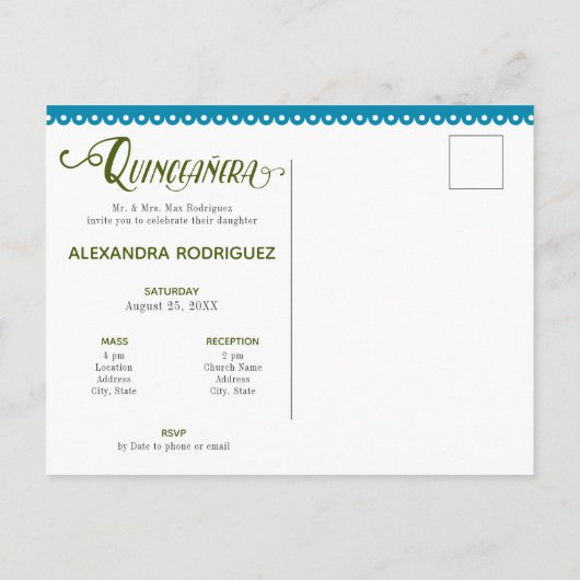 Blauwe Traditionele Mexicaanse Bloem Quinceanera F Uitnodiging Briefkaart (Achterkant)