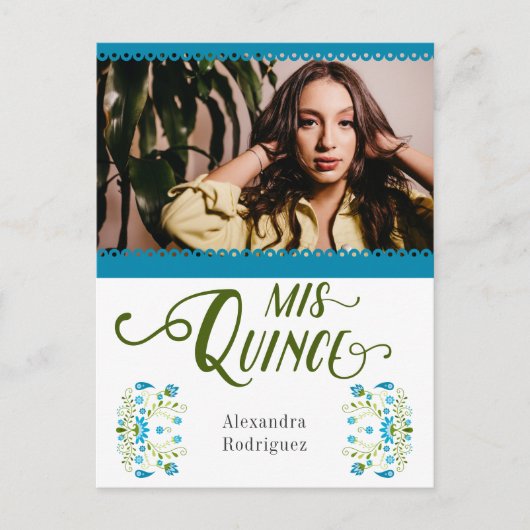 Blauwe Traditionele Mexicaanse Bloem Quinceanera F Uitnodiging Briefkaart (Voorkant)