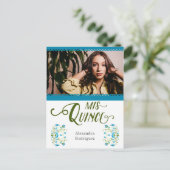 Blauwe Traditionele Mexicaanse Bloem Quinceanera F Uitnodiging Briefkaart (Staand voorkant)