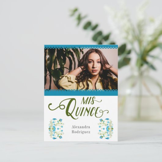 Blauwe Traditionele Mexicaanse Bloem Quinceanera F Uitnodiging Briefkaart (Staand voorkant)