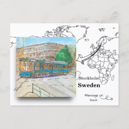 Blauwe tram in Stockholm, Zweden Briefkaart