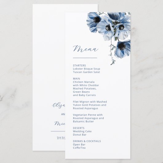 Blauwe Transparante Bloemen Bruiloft Menu (Voorkant / Achterkant)