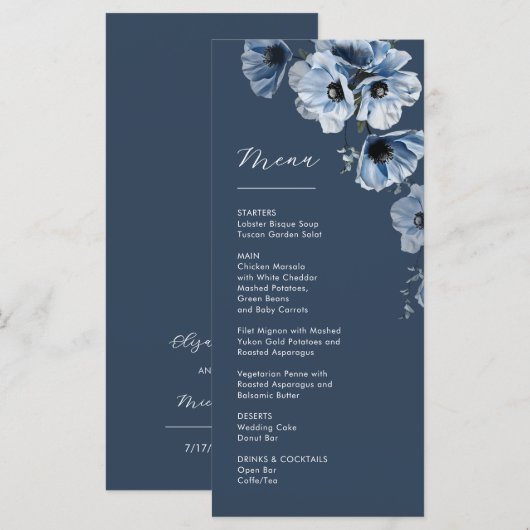 Blauwe Transparante Bloemen Bruiloft Menu (Voorkant / Achterkant)