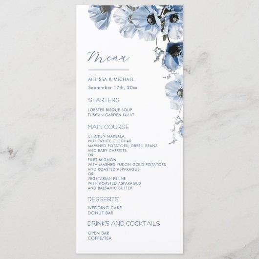 Blauwe Transparante Bloemen Bruiloft Menu (Voorkant)