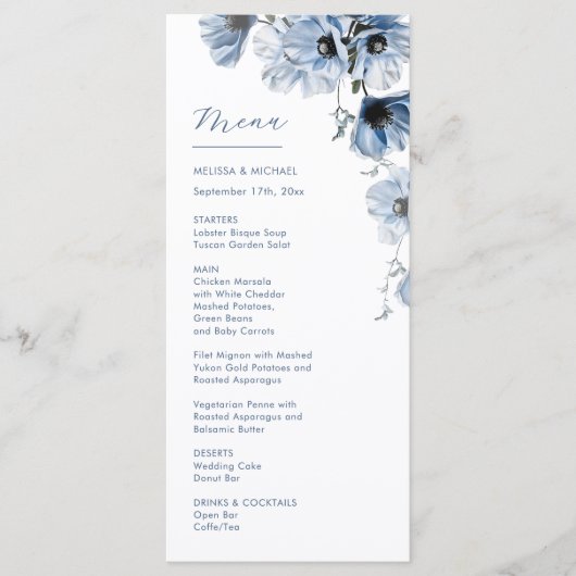 Blauwe Transparante Bloemen Bruiloft Menu (Voorkant)