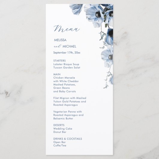 Blauwe Transparante Bloemen Bruiloft Menu (Voorkant)